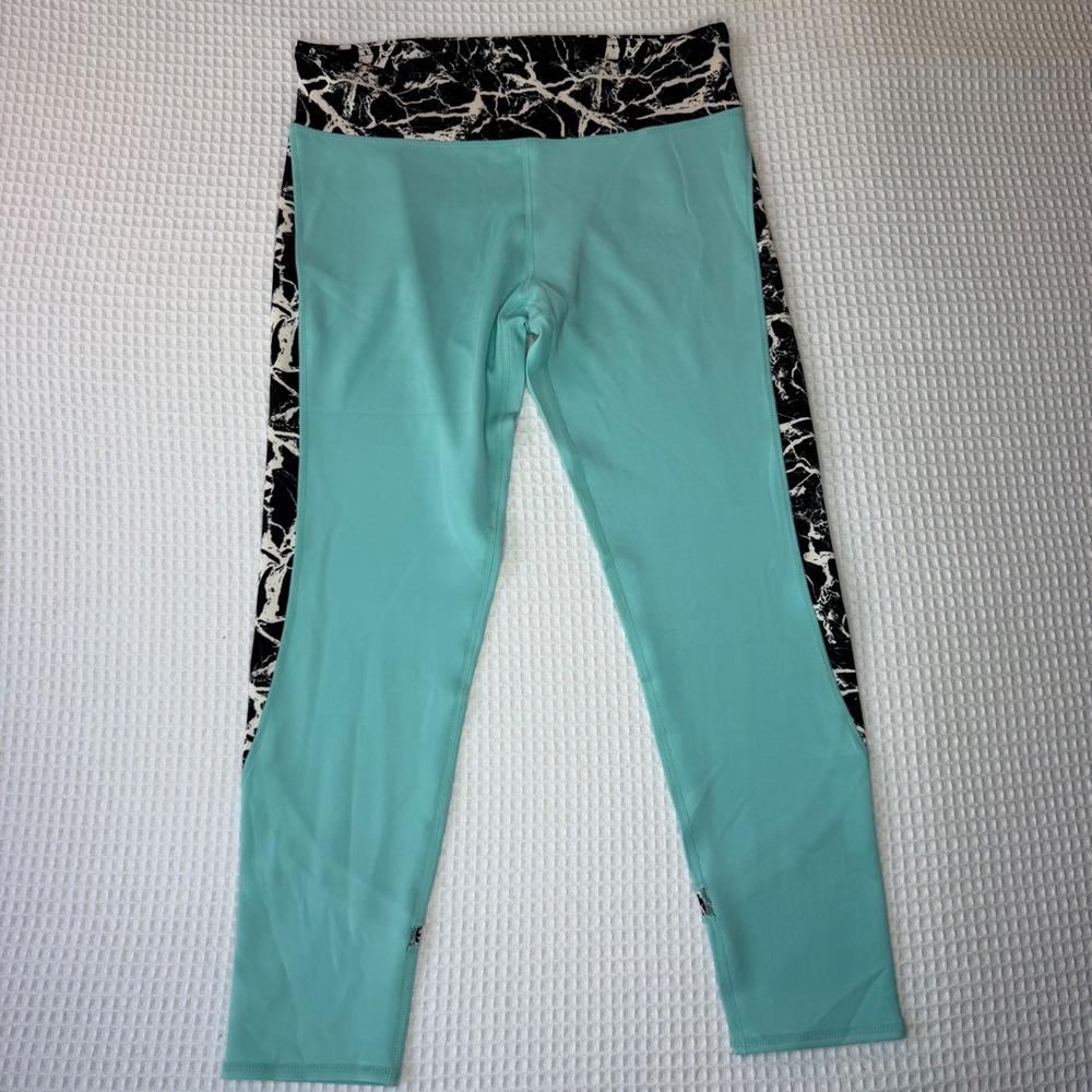 Threads 4 Thought Womens Large Teal Marble Print Cropped Active Leggings Zipper